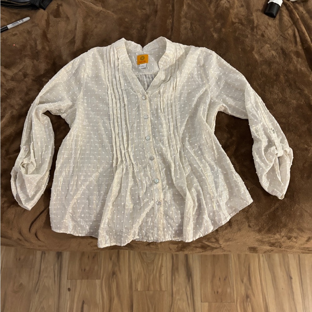 Ruby Rd Ivory whole metallic Textured Women's Top Lg